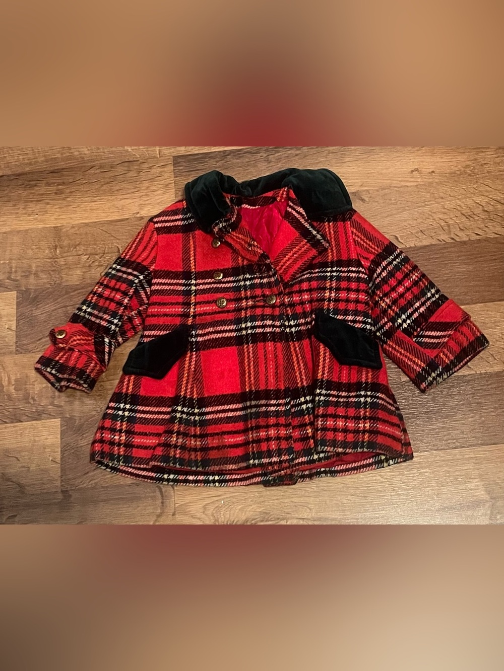 Rothschild of Philadelphia Girls' Red Plaid Pea Coat with Velvet Trim